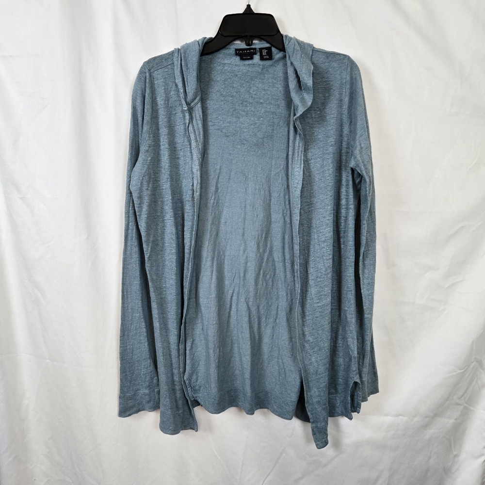Tahari Women's Teal Linen Long Sleeve Hooded Open Duster Summer Cardigan Medium